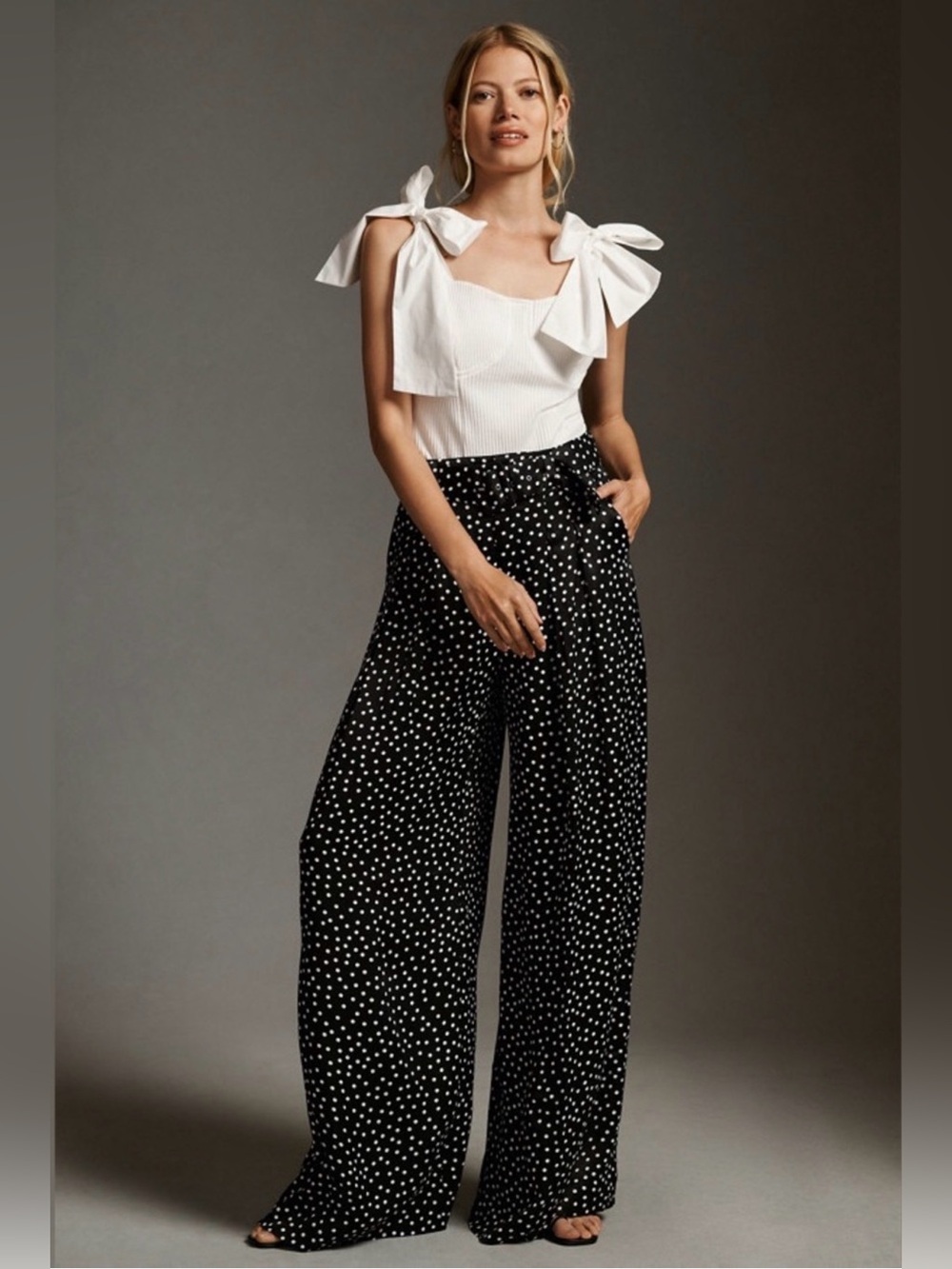 Anthropologie Maeve Black Polka Dot Wide-Leg Pants